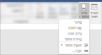 צילום מסך המציג את הלחצנים 'פרטי & תאריך ושעה' Word רצועת הכלים
