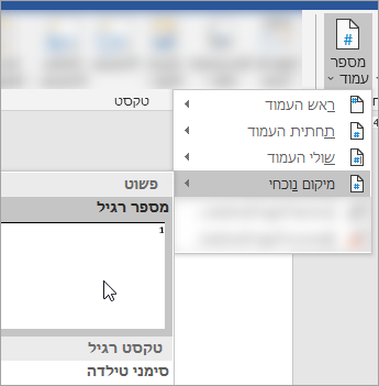 צילום מסך המציג בחירת מספר עמוד בתבנית רגילה במיקום הנוכחי במסמך