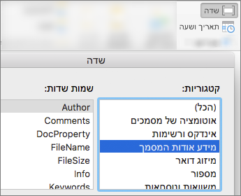 צילום מסך המציג קודי שדה מסוננים לפי הקטגוריה 'מידע אודות מסמך'