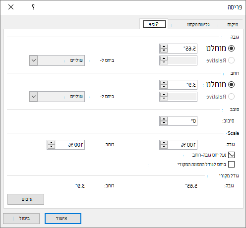 הכרטיסיה 'גודל' של אפשרויות פריסה