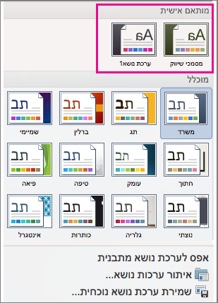 התפריט 'ערכות נושא' מציג ערכות נושא מותאמות אישית ומוכללות