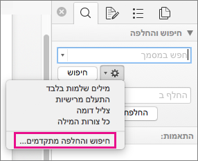 בתיבה 'חיפוש והחלפה', האפשרות 'חיפוש והחלפה מתקדמים' מסומנת