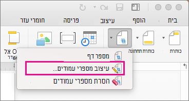 כדי לעצב מספרי עמודים, לחץ על מספר עמוד בכרטיסיה כותרת & כותרת תחתונה ולאחר מכן לחץ על עיצוב מספרי עמודים.