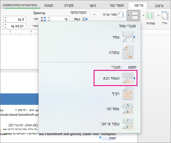 לחץ על העמוד הבא כדי להוסיף מעבר מקטע הגורם לטקסט שלאחר המעבר להתחיל בעמוד הבא.