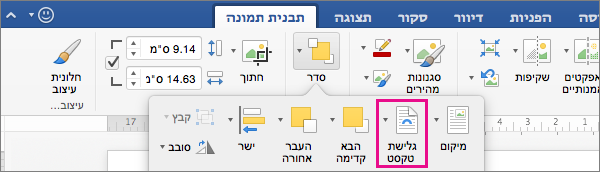 לחץ על גלישת טקסט כדי לבחור כיצד הטקסט יגלוש מסביב לתמונה או לאובייקט ציור.