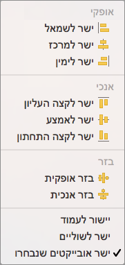 כדי ליישר אובייקטים יחסית זה לזה, בחר ישר אובייקטים שנבחרו.