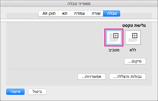 לחץ על סביב כדי שהטקסט יגלוש מסביב לטבלה שנבחרה.
