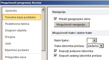 postavke za mogućnosti navigacije