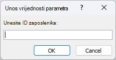 Prikazuje primjer očekivanog dijaloškog okvira Unos vrijednosti parametra u programu Access s identifikatorom Unesite ID zaposlenika, poljem u koje se unosi vrijednost te gumbima U redu i Odustani.