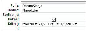 izraz u retku kriterij rešetke upita