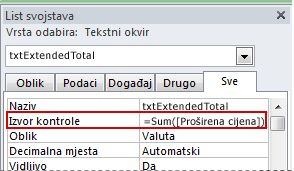 izraz u svojstvu izvor kontrole tekstnog okvira