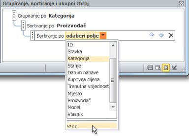 Odabir mogućnosti izraza u oknu Grupiranje, sortiranje i ukupni zbroj