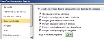 postavke provjere pogrešaka dostupne u kategoriji dizajnera objekata