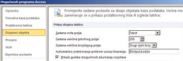 mogućnosti programa Access – postavke dizajna tablice
