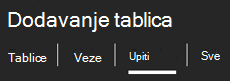 Kartice na vrhu okna zadatka Dodaj tablice Pretraživanje