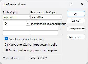 Dijaloški okvir Uređivanje odnosa u programu Access s poljima za pridruživanje klijenata i narudžbi