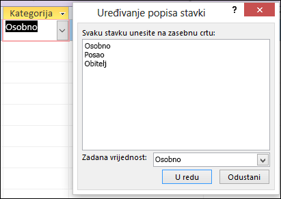 Dijaloški okvir Uređivanje stavki popisa u obrascu programa Access