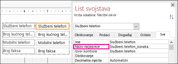 Svojstvo Naziv oznake na listu svojstava