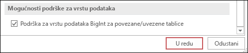 Snimka zaslona podrške za vrstu bigint za tablice povezivanja/uvoza odabrane u mogućnostima programa Access.