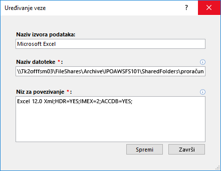 Dijaloški okvir Uređivanje veze za izvor podataka programa Excel