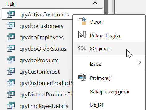 Mogućnosti kontekstnog izbornika prikazane iz objekta upita u bazi podataka programa Access s odabranom mogućnosti SQL prikaz