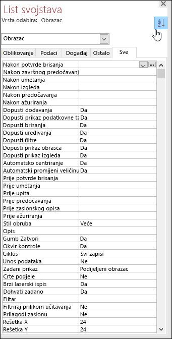 Snimka zaslona lista svojstava programa Access sa svojstvima sortiranim po abecedi