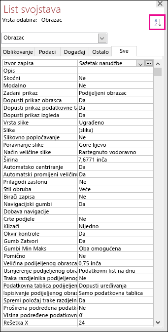Snimka zaslona popisa svojstava programa Access bez sortiranja svojstava