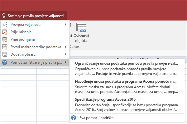 U programu Access kliknite okvir vođenja kroz kontrole i upišite što želite učiniti. Značajka vođenja kroz kontrole pokušat će vam pomoći da izvršite taj zadatak.