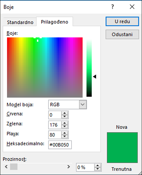 Birač boja u aplikacijama sustava Office. Ispod RGB polja nalazi se novo polje za unos heksadecimalne vrijednosti boje.