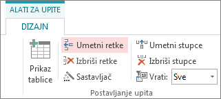Gumb za umetanje redaka na kartici Dizajn alata upita