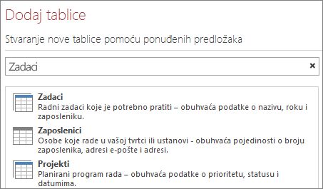 Okvir za pretraživanje predložaka tablice na ekranu dobrodošlice programa Access.