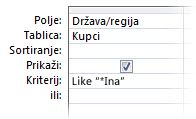Slika dizajnera upita s prikazom kriterija koji koristi sljedeće operatore, kao što je zamjenski znak u