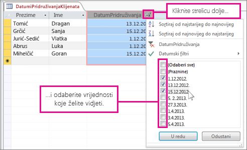 Filtriranje stupca upita u bazi podataka za stolna računala