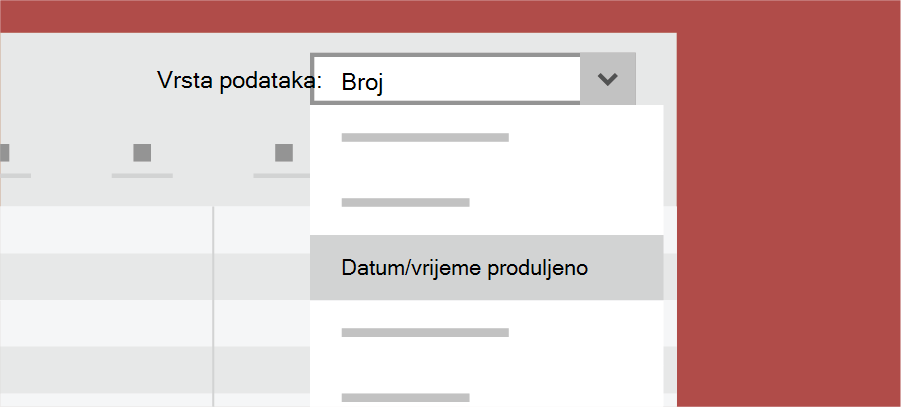 Prikazuje vrstu podataka programa Access