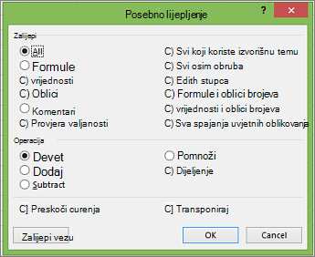 Dijaloški okvir Posebno lijepljenje.