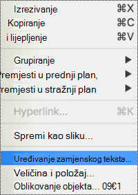Mogućnost Uređivanje zamjenskog teksta na kontekstnom izborniku u programu PowerPoint za Mac