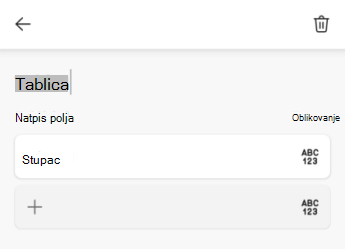 Tekstno polje Naziv tablice u Excel za Android