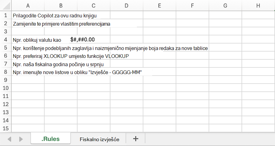 Snimka zaslona radne knjige rješenja Copilot u programu Excel s oglednim . radni list s pravilima.