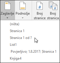 Mogućnosti ugrađenog zaglavlja & podnožja