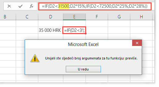 Poruka programa Excel kada u vrijednost dodate zarez.