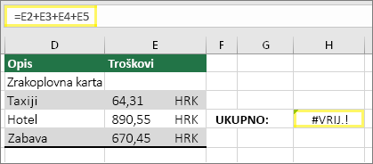 Ćelija H4 s formulom =E2+E3+E4+E5 i rezultatom #VALUE!