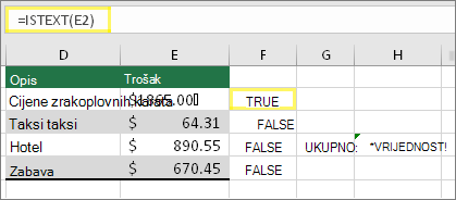 Ćelija F2 s formulom =ISTEXT(E2) i rezultat TRUE