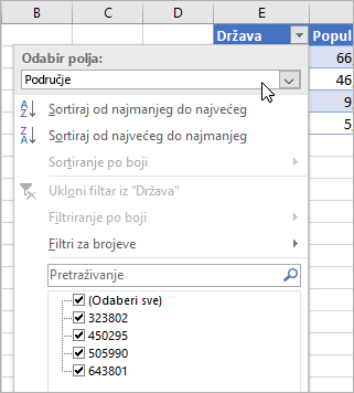 Izbornik Filtar, izbornik Prikaz vrijednosti, navedena polja povezane vrste podataka