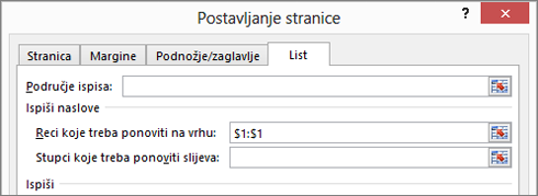 Kartica List dijaloškog okvira Postavljanje stranice