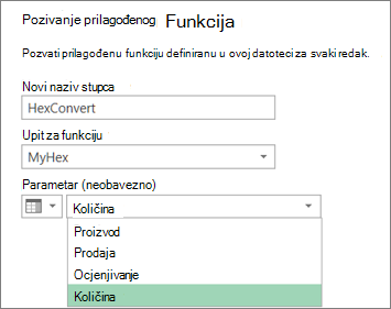 Dijaloški okvir Pozivanje prilagođene funkcije