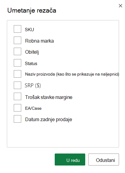 Snimka zaslona mogućnosti Umetni rezač.