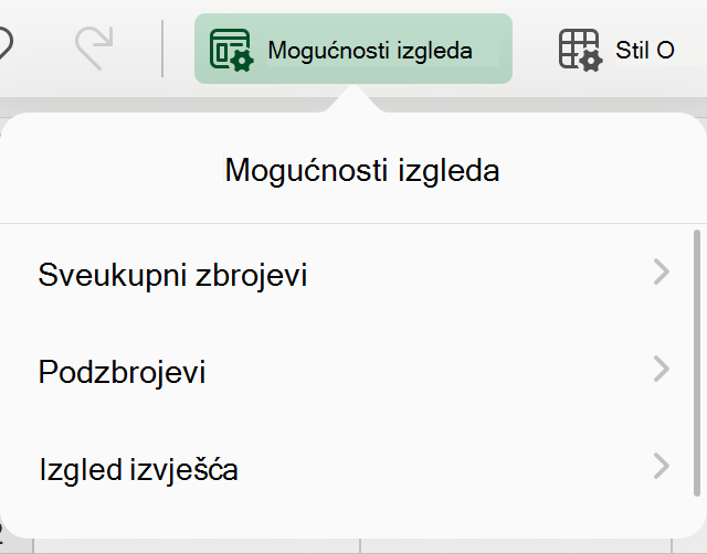 Padajući izbornik Raspored zaokretne tablice na iPadu.