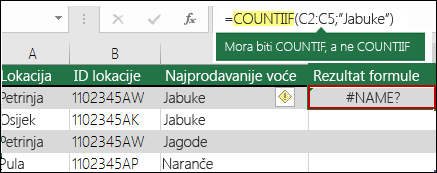 Pogreška #NAME? uzrokovana pogreškom u sintaksi