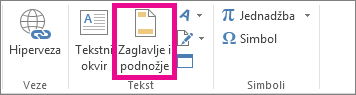 Mogućnost Zaglavlje & podnožje na kartici Umetanje