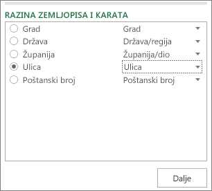 Zemljopis i razina karte u oknu zadatka